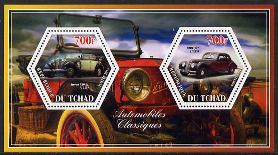 Chad 2014 Classic Cars #3 perf sheetlet containing two hexagonal-shaped values unmounted mint