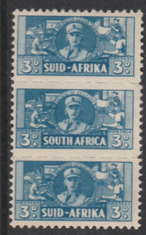 South Africa 1942-44 KG6 War Effort (reduced size) 3d Women's Auxiliary Service triplet unmounted mint, SG 101