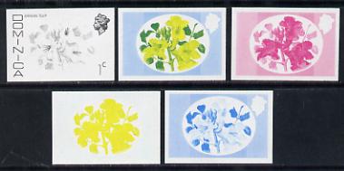 Dominica 1975-78 African Tulip 1c set of 5 imperf progressive colour proofs comprising the 4 basic colours plus 2-colour composite unmounted mint (as SG 491)