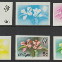 Antigua 1976 Orchid Tree 6c (with imprint) set of 6 imperf progressive colour proofs comprising the 4 basic colours, blue & yellow composite plus all 4 colours (as SG 475B) unmounted mint