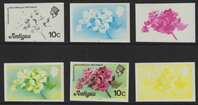 Antigua 1976 Bougainvillea 10c (with imprint) set of 6 imperf progressive colour proofs comprising the 4 basic colours, blue & yellow composite plus all 4 colours (as SG 476B) unmounted mint