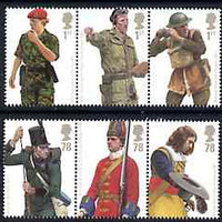 Great Britain 2007 British Army Uniforms perf set of 6 values (2 se-tenant strips of 3) unmounted mint SG 2774-79