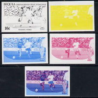 St Vincent - Bequia 1986 World Cup Football 10c (Bulgaria v France) set of 5 imperf progressive colour proofs comprising the 4 basic colours plus blue & magenta composite unmounted mint