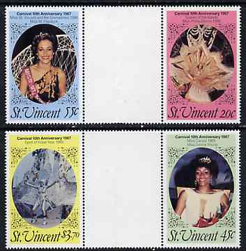 St Vincent 1987 10th Anniversary of Carnival set of 4 in se-tenant gutter pairs (folded through gutters) from uncut archive proof sheet unmounted mint, SG 1066-69