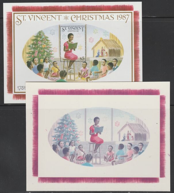 St Vincent 1987 Christmas (Charles Dickens) m/sheet (Teacher reading to Class) die proof in red and blue only (missing Country name & value) on Cromalin plastic card (ex archives) plus issued m/sheet,SG MS 1124