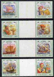 St Vincent - Bequia 1988 Explorers set of 8 in se-tenant gutter pairs (folded through gutters) unmounted mint from uncut archive proof sheets.