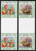 St Vincent - Bequia 1988 Christopher Columbus $3.50 & $3 perf values from Explorers set each in unmounted mint unfolded gutter pairs from uncut archive proof sheet.