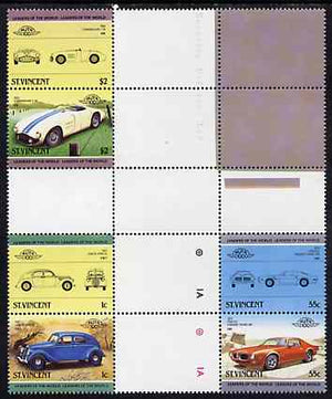 St Vincent 1985 Cars #3 (Leaders of the World) set of 6 (plus coloured labels) in se-tenant cross-gutter block (folded through gutters or perfs) from uncut archive proof sheet (SG 862-67) some split perfs & wrinkles but a rare arc……Details Below