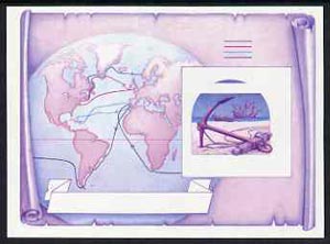 St Vincent - Bequia 1988 Explorers $5 m/sheet (Map & Anchor) imperf progressive proof in magenta & blue only unmounted mint.