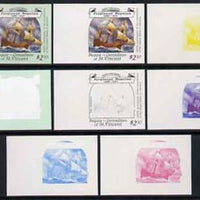 St Vincent - Bequia 1988 Explorers $2.50 (Magellan's ship The Trinidad) set of 8 unmounted mint imperf progressive proofs comprising the 5 individual colours, plus 2, 4 and all 5-colour composites*.