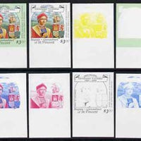 St Vincent - Bequia 1988 Explorers $3.00 (Christopher Columbus & Arms) set of 8 imperf progressive proofs comprising the 5 individual colours, plus 2, 4 and all 5-colour composites, unmounted mint*.