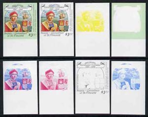 St Vincent - Bequia 1988 Explorers $3.00 (Christopher Columbus & Arms) set of 8 imperf progressive proofs comprising the 5 individual colours, plus 2, 4 and all 5-colour composites, unmounted mint*.