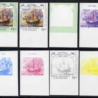 St Vincent - Bequia 1988 Explorers $3.50 (Columbus's Santa Maria) set of 8 imperf progressive proofs comprising the 5 individual colours, plus 2, 4 and all 5-colour composites, unmounted mint*.