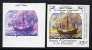 St Vincent - Bequia 1988 Explorers $3.50 (Columbus's Santa Maria) unmounted mint imperf progressive proofs in magenta & blue, and magenta, blue, yellow & black (2 proofs)*.