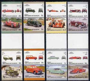 St Vincent - Bequia 1987 Cars #7 (Leaders of the World) set of 16 in se-tenant gutter pairs (folded through gutters or perfs) from uncut archive proof sheet unmounted mint