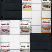 St Vincent - Bequia 1987 Cars #7 (Leaders of the World) set of 16 in se-tenant cross-gutter block (folded through gutters) from uncut archive proof sheet, some split perfs & wrinkles but a rare archive item unmounted mint