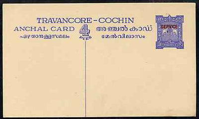 Indian States - Travancore-Cochin 1950c 4 pies p/stat card (Elephants) as H & G 4 but overprinted SERVICE in red