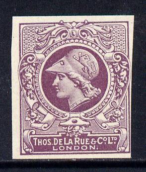 Cinderella - Great Britain 1911 De La Rue undenominated imperf Minerva Head dummy stamp in purple with solid background unmounted mint