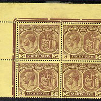 St Kitts-Nevis 1921-29 KG5 Script CA Medicinal Spring 3d purple on yellow NW corner block of 4, unmounted mint SG 45a