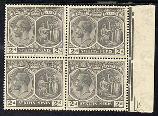 St Kitts-Nevis 1921-29 KG5 Script CA Medicinal Spring 2d slate-grey marginal block of 4, unmounted mint SG 41