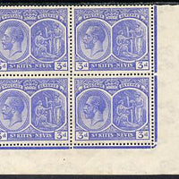 St Kitts-Nevis 1921-29 KG5 Script CA Medicinal Spring 3d dull ultramarine SE corner block of 4, unmounted mint SG 45