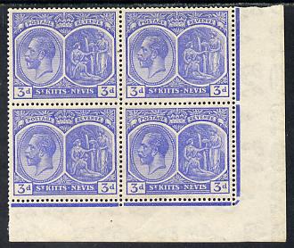 St Kitts-Nevis 1921-29 KG5 Script CA Medicinal Spring 3d dull ultramarine SE corner block of 4, unmounted mint SG 45