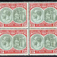 St Kitts-Nevis 1920-22 KG5 MCA Medicinal Spring 10s green & red on green block of 4 unmounted mint but light rusting SG35