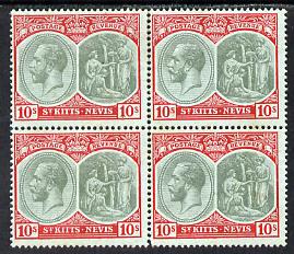 St Kitts-Nevis 1920-22 KG5 MCA Medicinal Spring 10s green & red on green block of 4 unmounted mint but light rusting SG35