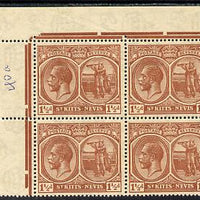 St Kitts-Nevis 1921-29 KG5 Script CA Columbus 1.5d red-brown NW corner block of 4, unmounted mint SG 40a