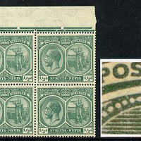 St Kitts-Nevis 1921-29 KG5 Script CA Columbus 1/2d blue-green NW corner block of 4, unmounted mint with white flaw on R1/1 SG 37