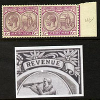 St Kitts-Nevis 1921-29 KG5 Script CA Columbus 6d dull & bright purple horiz pair, unmounted mint one stamp with broken frame above Columbus's Head (R4-5) SG 46