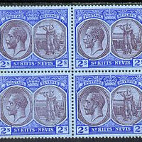 St Kitts-Nevis 1921-29 KG5 Script CA Columbus 2s purple & blue on blue block of 4, unmounted mint SG 47