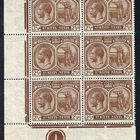 St Kitts-Nevis 1921-29 KG5 Script CA Columbus 2.5d brown SW corner block of 6 with Plate No.1 unmounted mint SG 43