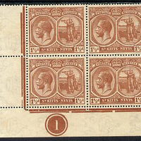 St Kitts-Nevis 1921-29 KG5 Script CA Columbus 1.5d red-brown SW corner block of 4 with Plate No.1 unmounted mint SG 40a3