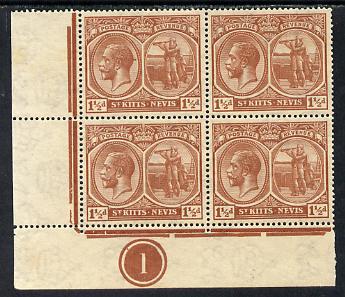 St Kitts-Nevis 1921-29 KG5 Script CA Columbus 1.5d red-brown SW corner block of 4 with Plate No.1 unmounted mint SG 40a3