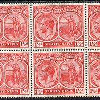 St Kitts-Nevis 1921-29 KG5 Script CA Columbus 1.5d red block of 6 unmounted mint SG 40