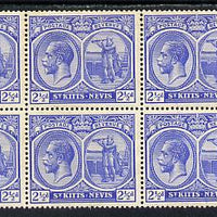 St Kitts-Nevis 1921-29 KG5 Script CA Columbus 2.5d ultramarine block of 6 - 4 stamps unmounted one stamp with dented Frame (R5-3) SG 44