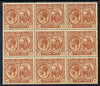 St Kitts-Nevis 1921-29 KG5 Script CA Columbus 1.5d red-brown block of 9, unmounted one stamp with dented Frame (R5-3) SG 40a