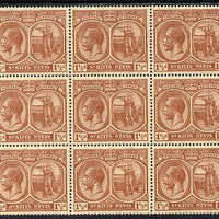 St Kitts-Nevis 1921-29 KG5 Script CA Columbus 1.5d red-brown block of 9, unmounted one stamp with dented Frame (R5-3) SG 40a