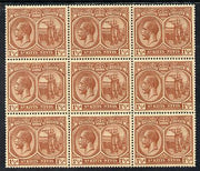 St Kitts-Nevis 1921-29 KG5 Script CA Columbus 1.5d red-brown block of 9, unmounted one stamp with dented Frame (R5-3) SG 40a