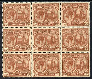 St Kitts-Nevis 1921-29 KG5 Script CA Columbus 1.5d red-brown block of 9, unmounted one stamp with dented Frame (R5-3) SG 40a