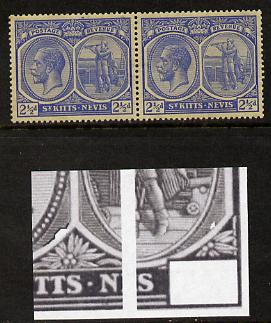 St Kitts-Nevis 1921-29 KG5 Script CA Columbus 2.5d ultramarine horiz pair, unmounted but toned one stamp with dented Frames (R5-4) SG 44