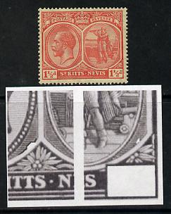 St Kitts-Nevis 1921-29 KG5 Script CA Columbus 1.5d red single mounted mint with dented Frames (R5-4) SG 40