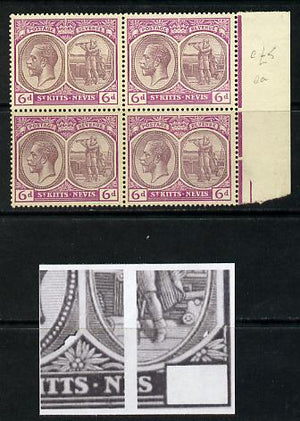 St Kitts-Nevis 1921-29 KG5 Script CA Columbus 6d dull & bright purple block of 4, unmounted one stamp with dented Frames (R5-4) SG 46