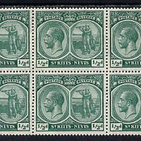 St Kitts-Nevis 1921-29 KG5 Script CA Columbus 1/2d blue-green marginal block of 10 unmounted mint (folded) with flaw above TTS on R5-3 & dented Frames on R5-4, SG 37