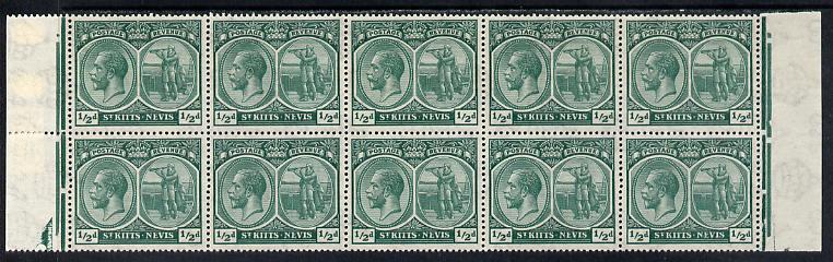 St Kitts-Nevis 1921-29 KG5 Script CA Columbus 1/2d blue-green marginal block of 10 unmounted mint (folded) with flaw above TTS on R5-3 & dented Frames on R5-4, SG 37