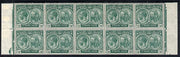 St Kitts-Nevis 1921-29 KG5 Script CA Columbus 1/2d blue-green marginal block of 10 unmounted mint (folded) with flaw above TTS on R5-3 & dented Frames on R5-4, SG 37