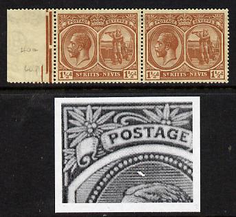 St Kitts-Nevis 1921-29 KG5 Script CA Columbus 1.5d red-brown horiz pair unmounted one stamp with Flaw above King's Head R6-1) SG 40a