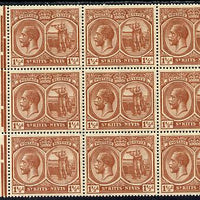 St Kitts-Nevis 1921-29 KG5 Script CA Columbus 1.5d red-brown block of 9, unmounted one stamp with background flaw (R7-1) SG 40a