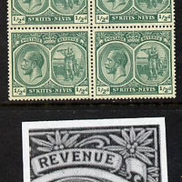 St Kitts-Nevis 1921-29 KG5 Script CA Columbus 1/2d blue-green block of 4 unmounted one stamp with Flaw to right of Columbus R7-5) SG 37